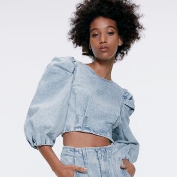 Zara Balloon Sleeve Denim Top Size M - Picture 1 of 7